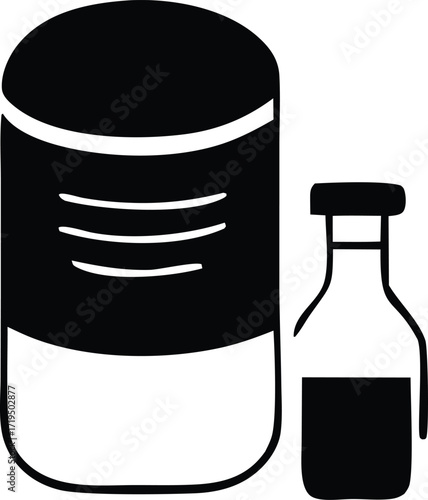 Simple black and white icons of a large can and a small bottle presenting a contrast in size and form for visual representation