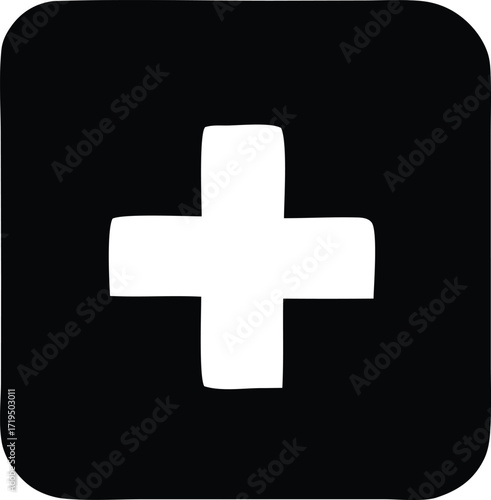 Simple black square with white plus symbol clean and bold graphic element for user interface and design projects