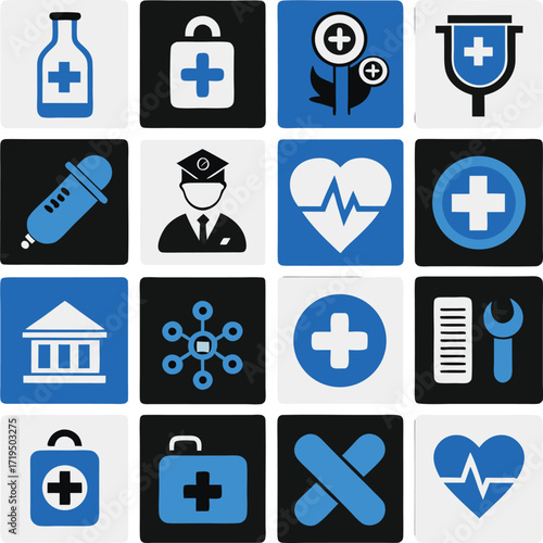 Medical and healthcare icons collection featuring doctor stethoscope hospital pharmacy strobe light and safety symbols