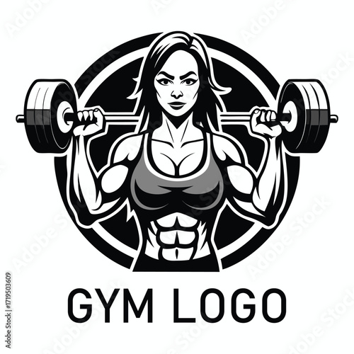 Powerful muscular woman lifting weights in gym logo design with bold typography