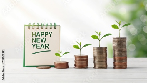 Happy new year growth from stacked coins with growing plants symbolizing financial success