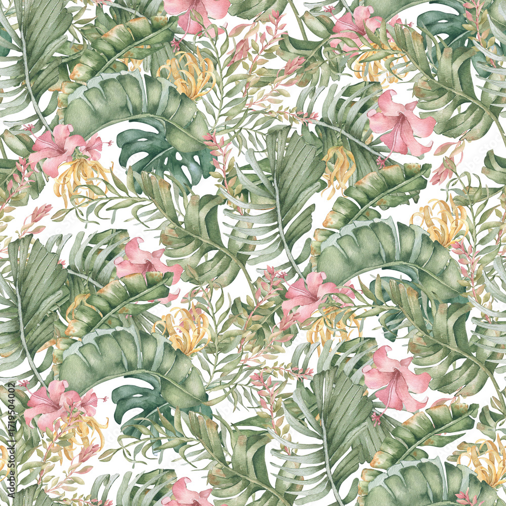 Obraz premium Tropical floral watercolor seamless pattern isolated white. Lush palm fronds, hibiscus, and blossoms in soft pink and yellow hand painted. Delicate jungle print for wallpaper, beach textiles.