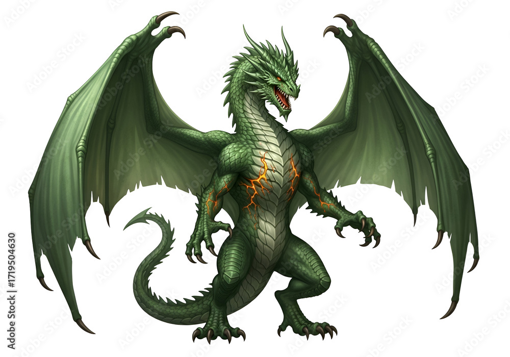 Naklejka premium A majestic, emerald-scaled dragon, displaying intricate details, stands imposingly against a dark backdrop.