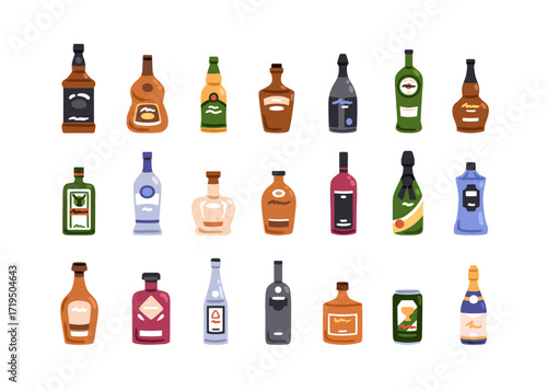 Alcohol bottles set. Alcoholic beverages, spirits, bar drinks assortment. Whisky, vodka, rum, champagne wine, beer can, gin, brandy and tequila. Flat vector illustration isolated on white background.