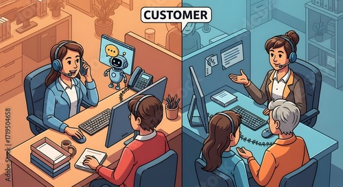 customer service team providing support agents helping customers in a call center environment showcasing communication and customer satisfaction