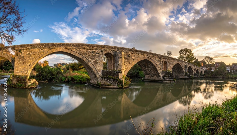 Fototapeta premium Stone Arch Bridge Over Calm River Reflecting Cloudy Blue Sky at Sunset Panoramic View
