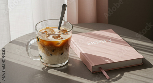 Iced Latte with Pink Money Planner on Table