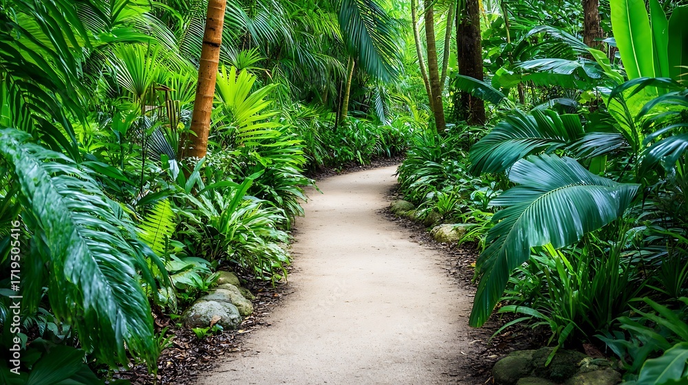 Fototapeta premium Winding path through lush tropical rainforest with vibrant green foliage, creating a serene and inviting scene for nature enthusiasts and adventurers
