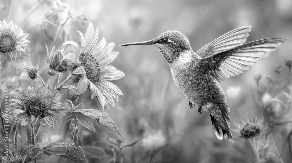 Fototapeta premium Grayscale hummingbird hovers near sunflowers in a meadow