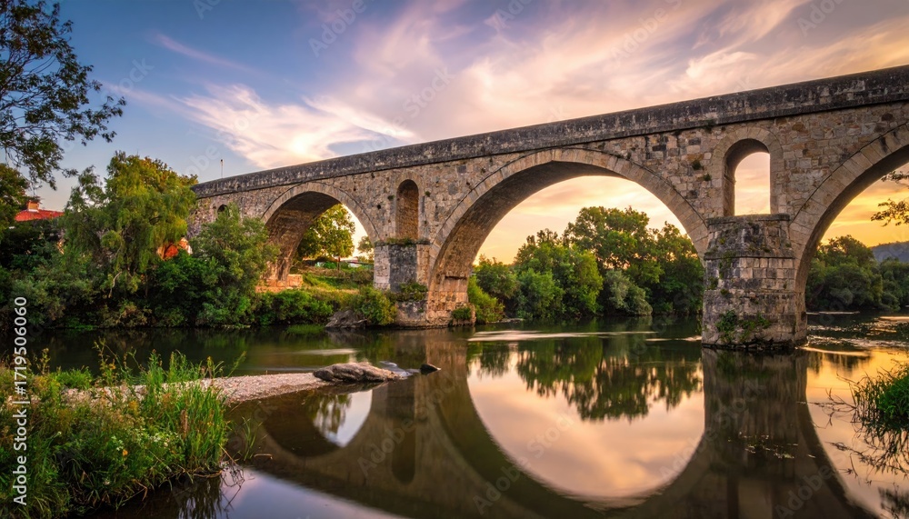 Fototapeta premium Stone Arch Bridge Over Reflective River Under Dusk Sky With Greenery Landscape