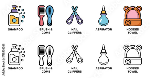 grooming and hygiene icon set with shampoo, brush and comb, nail clippers, aspirator and hooded towel symbols, vector illustrations for baby care and infant cleanliness
