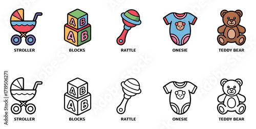 playtime babycare icon set with stroller, blocks, rattle, onesie and teddy bear symbols, vector illustrations for infant essentials and childhood recreation