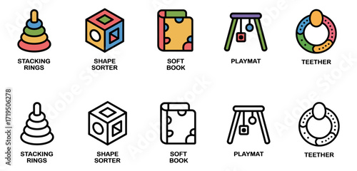 developmental play icon set with stacking rings, shape sorter, soft book, playmat and teether symbols, vector illustrations for infant toys and early learning