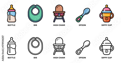 feeding essentials icon set with bottle, bib, high chair, spoon and sippy cup symbols, vector illustrations for infant mealtimes and toddler nutrition