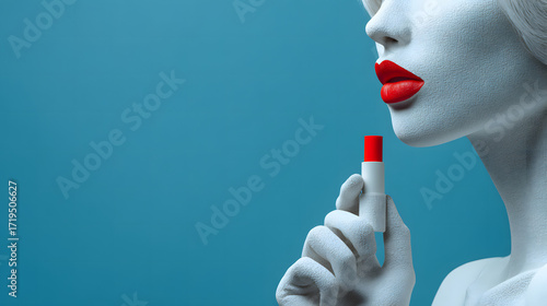 White statue of a beautiful woman wearing a red lipstick and holding a tube of red lip gloss in her hand against a blue background with copy space for text. Lifestyle concept.