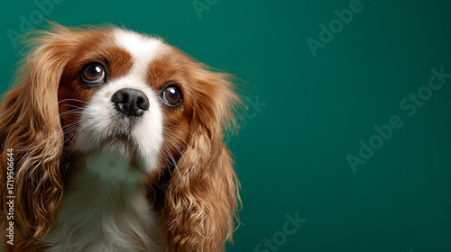 A cool cavalier king Charles spaniel on a green background with copy space for text. Beautiful animals.