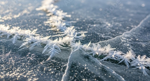 Frost Crystals on Ice Surface Winter Landscape Close-up.