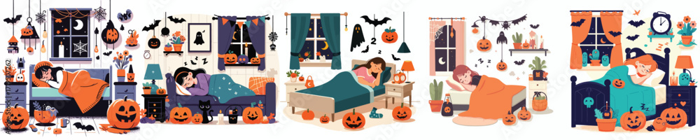 Obraz premium vector of little boy sleeping in halloween decoration room