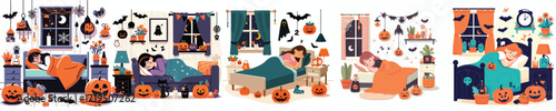 vector of little boy sleeping in halloween decoration room
