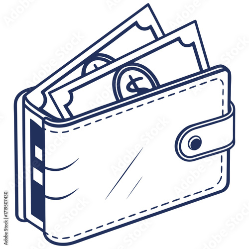 Minimalist flat wallet illustration with visible cash and credit cards modern financial icon