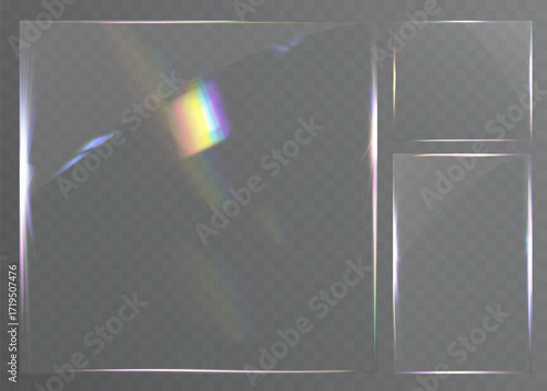 Transparent glossy glass frame with rainbow light reflection isolated on background.
