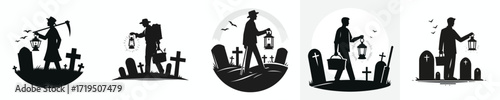 vector man walking in halloween graveyard