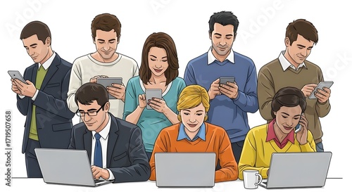 diverse professionals using technology working on laptops and tablets in a modern office showcasing teamwork and collaboration in business