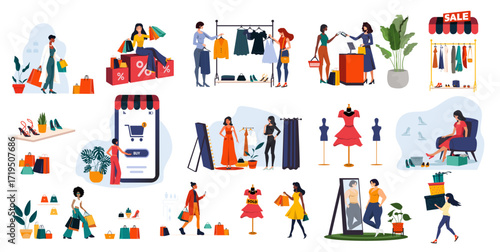 Vector Illustration with diverse Women Shopping for Clothing in Boutique, Fitting Room & Online Retail Experience. Group of different various shopping in the mall, white background.