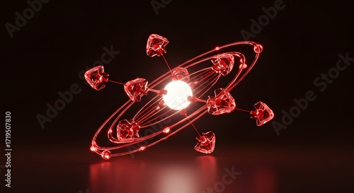 Futuristic Atom Model with Red Glowing Electrons on Dark Background