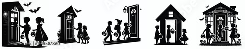 vector of silhouette children knocking on the door trick or treat
