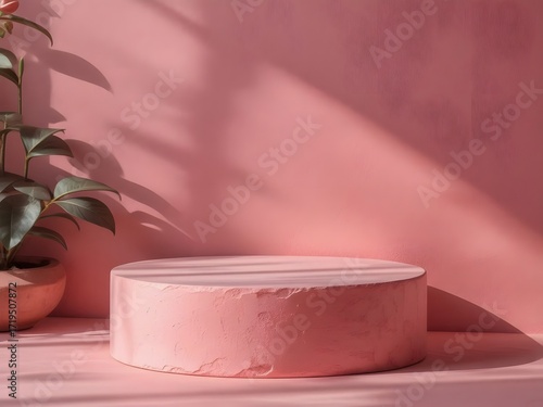 Stunning pink product display platform with elegant shadows and plant, ideal for showcasing cosmetics and beauty items in a modern, minimalist style