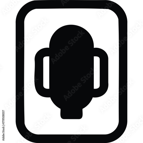 A simple black and white illustration of a vase with handles inside of a rounded rectangle frame design silhouette