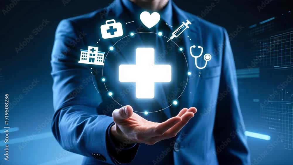 Man in suit holding glowing plus sign with floating health icons in digital space, futuristic healthcare innovation, concept of financial security and online insurance