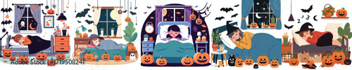 vector of little boy sleeping in halloween decoration room