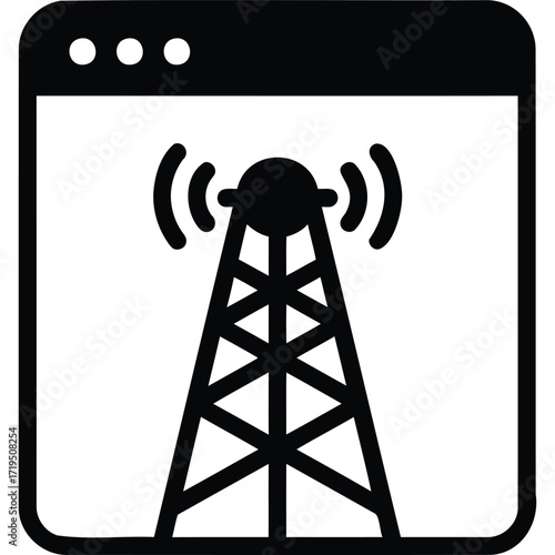 A black and white illustration of a communication tower inside a browser window showing signal waves around it silhouette