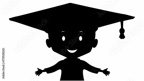 Silhouette of a graduate wearing a graduation cap with a tassel and smiling with arms outstretched wide open