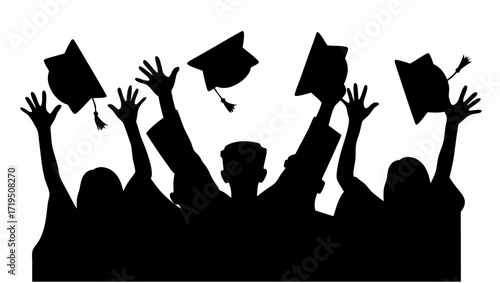 Graduates throwing graduation caps in the air in silhouette to celebrate their academic achievements