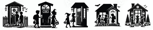 vector of silhouette children knocking on the door trick or treat