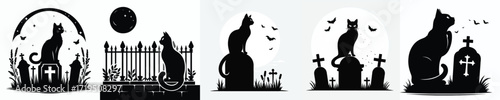 black cat silhouette vector in halloween graveyard