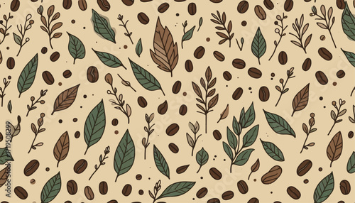 seamless coffee beans and leaves vector pattern
