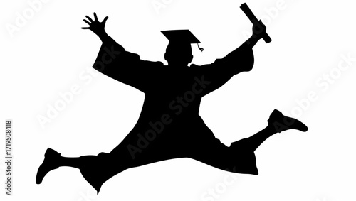 Silhouette of graduate jumping with diploma and graduation cap celebrating academic achievement success joy