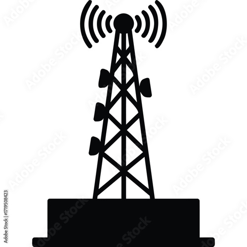 A black and white illustration depicting a tall communication tower with signal waves emanating from the top silhouette
