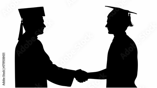 Two graduates in silhouette shaking hands wearing graduation caps and gowns in a sign of congratulations