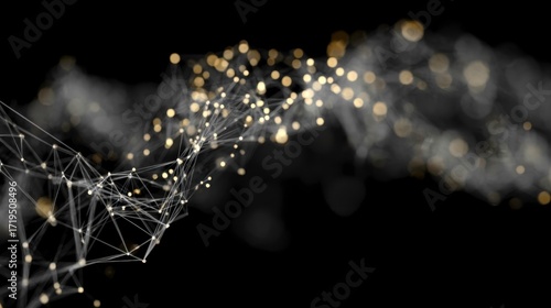Abstract Network of Golden Light Particles and Connecting Lines on Black Background