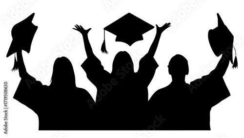 Silhouette of three graduates celebrating with raised hands and graduation caps in a black and white image