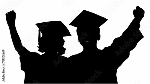 Silhouette of two graduates with arms raised wearing graduation caps celebrating their academic achievement