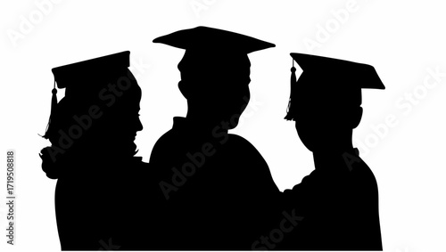 Silhouettes of three graduates wearing graduation caps and gowns standing together in a group in black and white