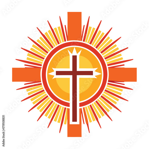 Adobe Illustrator Artwork Holy communion on white table in church.Taking holy Communion.Cup of glass with red grape wine and Holy cross sign of blood of Jesus Christ.The Feast of Corpus Christi Concep