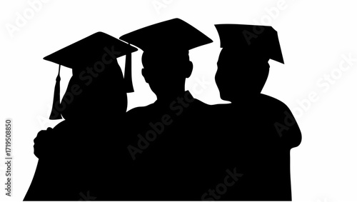 Silhouette of three graduates standing together wearing graduation caps and gowns in a dark black color