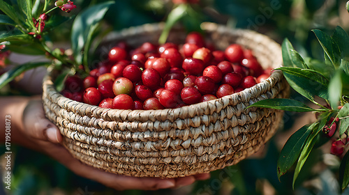 Freshly picked red coffee cherries coffee farm in boquete chiriqui province panama
